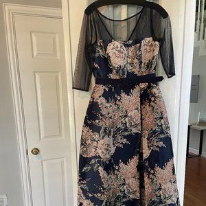 Kay Unger Floral Print Illusion Boat Neck Ball Gown